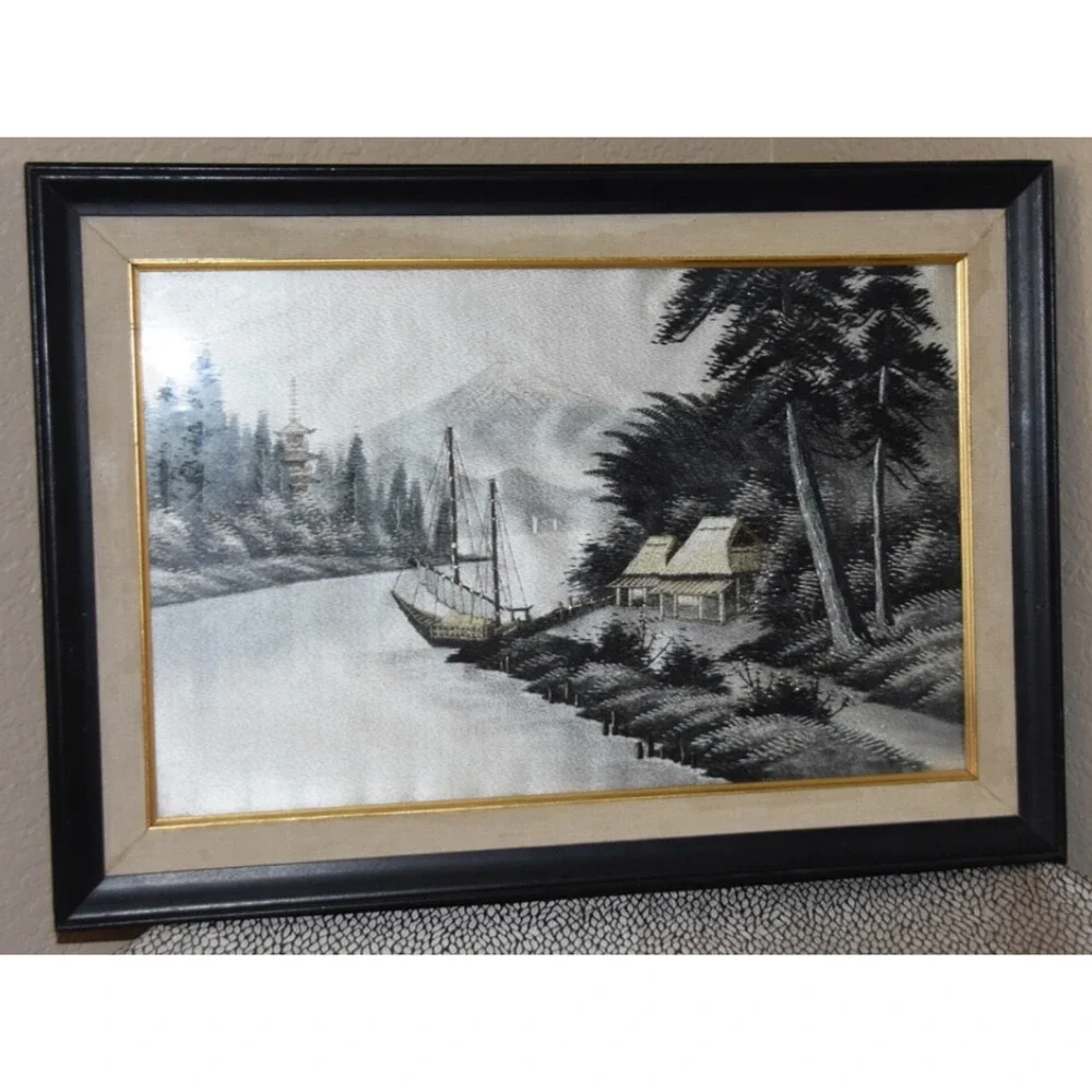 Japanese Landscape Mount Fuji Hand Stitched Silk Embroidery Framed Art